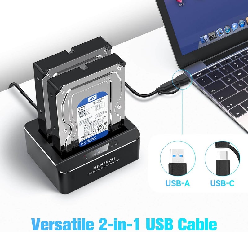 Rshtech Hard Drive Docking Station Aluminum USB-C/USB 3.0 to SATA Dual Bay Hard Drive Dock for 2.5 or 3.5 inch HDD SSD, with 2-in-1 USB Cable, Support Offline Clone, UASP and 2x22TB, RSH-DS01C - Image 3
